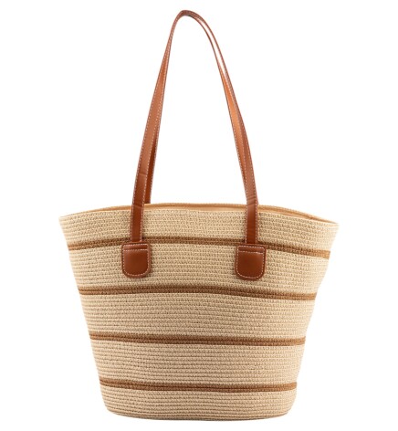 Paçuli Moda Çizgili Hasır Plaj Çantası
