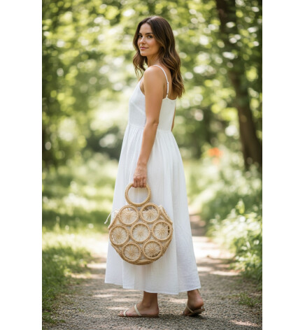 Paçuli Moda Yuvarlak Mini Boy Camel Hasır El Çantası