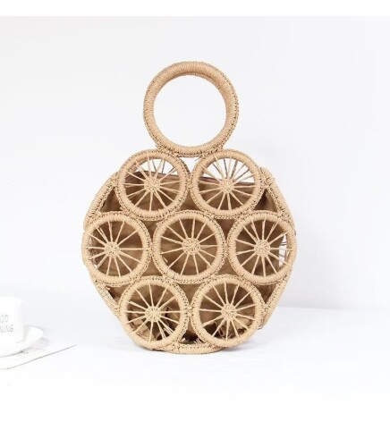 Paçuli Moda Yuvarlak Mini Boy Camel Hasır El Çantası