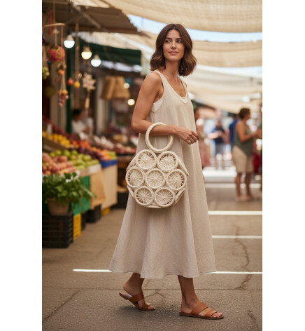 Paçuli Moda Yuvarlak Mini Boy Bej Hasır El Çantası