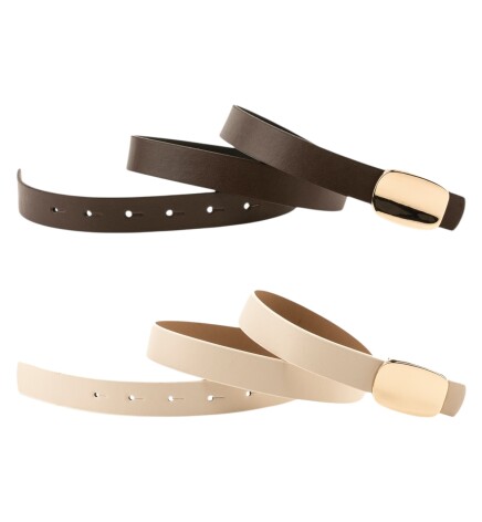 Paçuli Moda Parlak Kare Tokalı İkili Set Kahverengi_Bej Kadın Kemeri